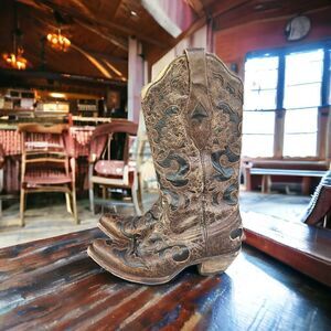 Corral Vintage Brown Goat Overlay Snip‎ Toe Cowboy Boots Womens Size 6.5m C1957